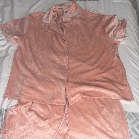 Other - Peach Velvet Short Sleeve Button-Up Pajama Set